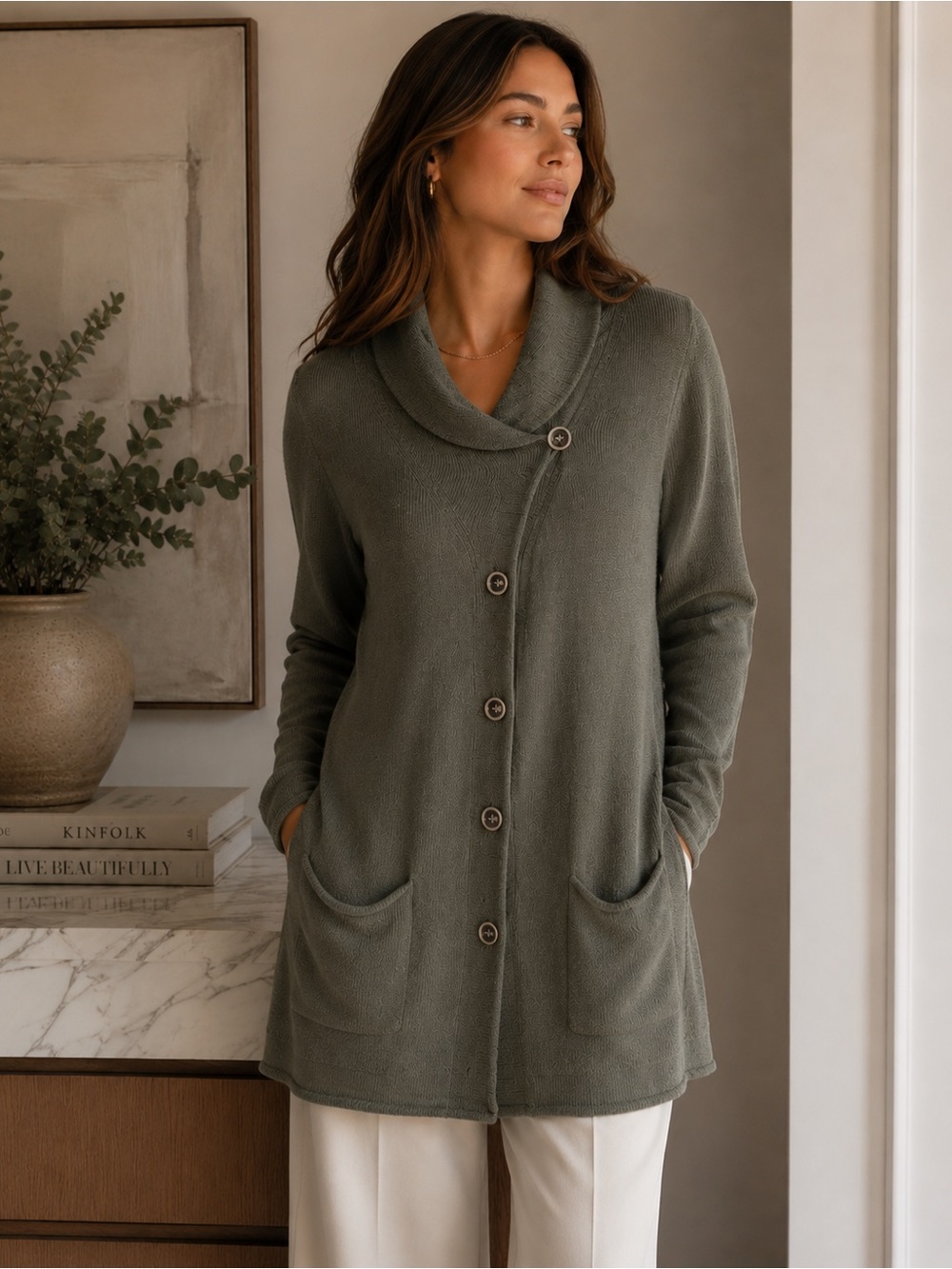 J. Jill Olive Green Cotton/Angora Button Down Soft Quiet Luxury Cardigan Size M